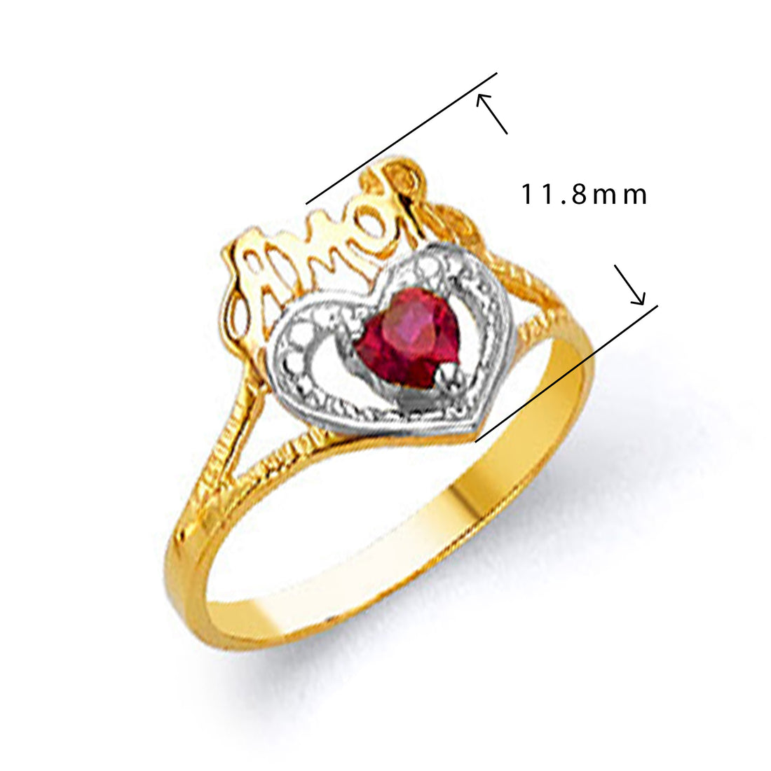 AMOR Silver Heart Red Ruby Ring in Solid Gold with Measurement