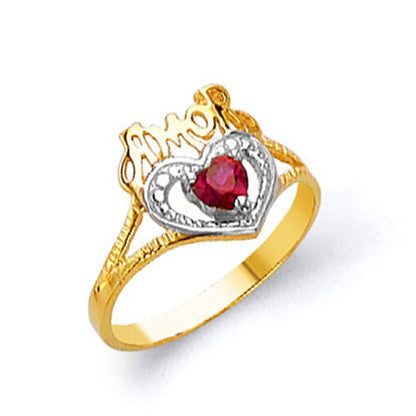 Amor Silver Heart Red Ruby Ring in Solid Gold