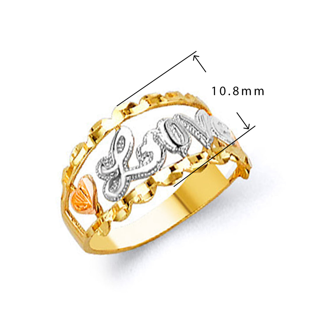 Tri-tone Love Ring in Solid Gold with Measurement