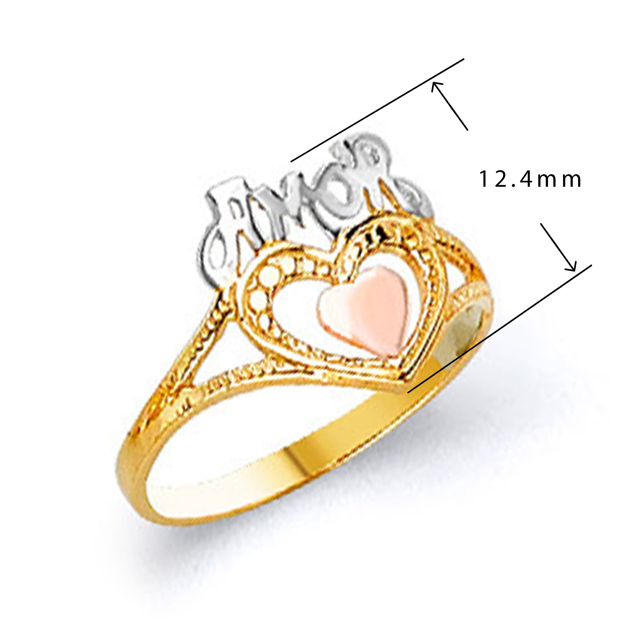 Tricolor Personalized Heart Ring in Solid Gold with Measurement