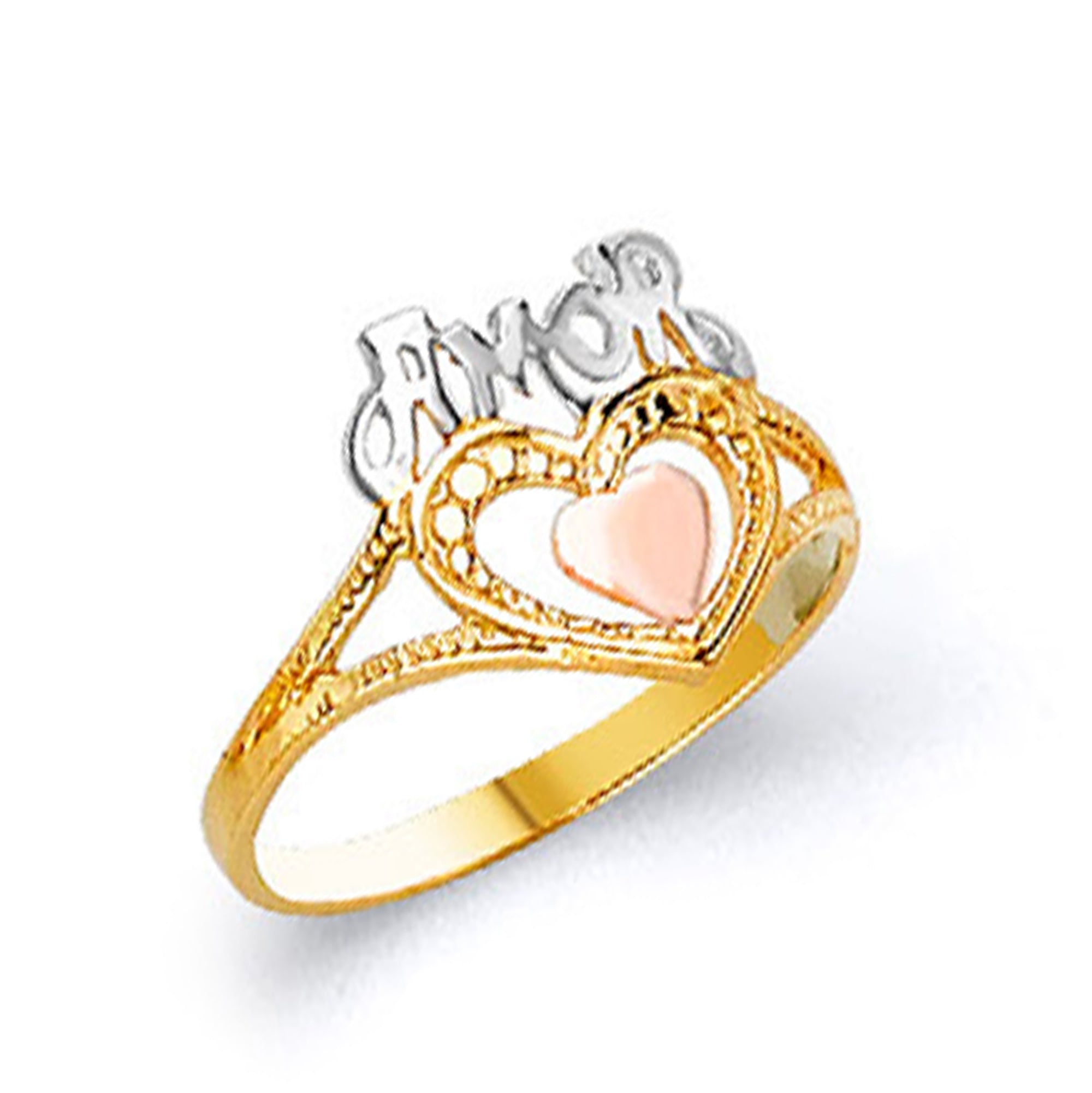 Tricolor Personalized Heart Ring in Solid Gold