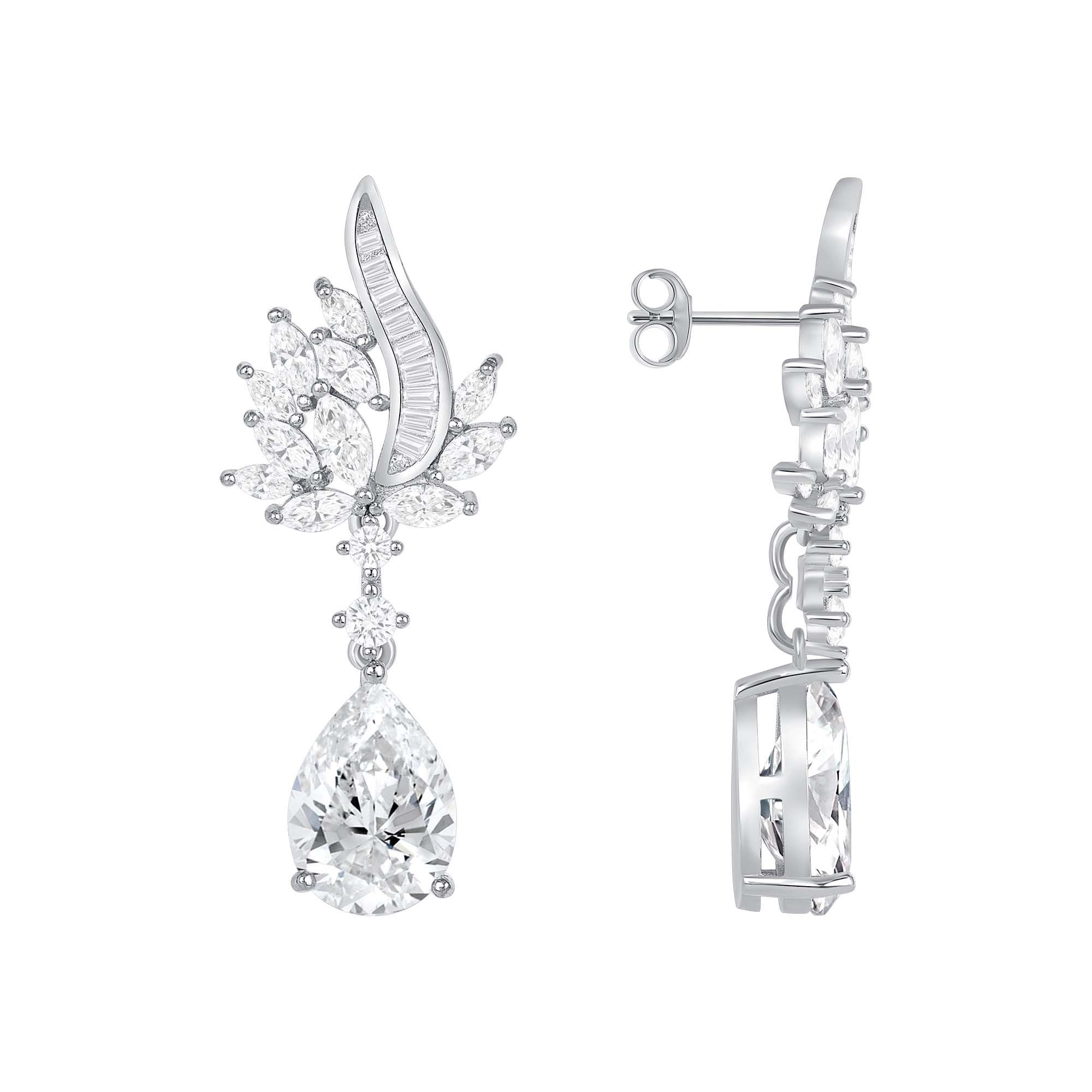 925 Sterling Silver Flower Shape and Pear Cut CZ Drop Earrings