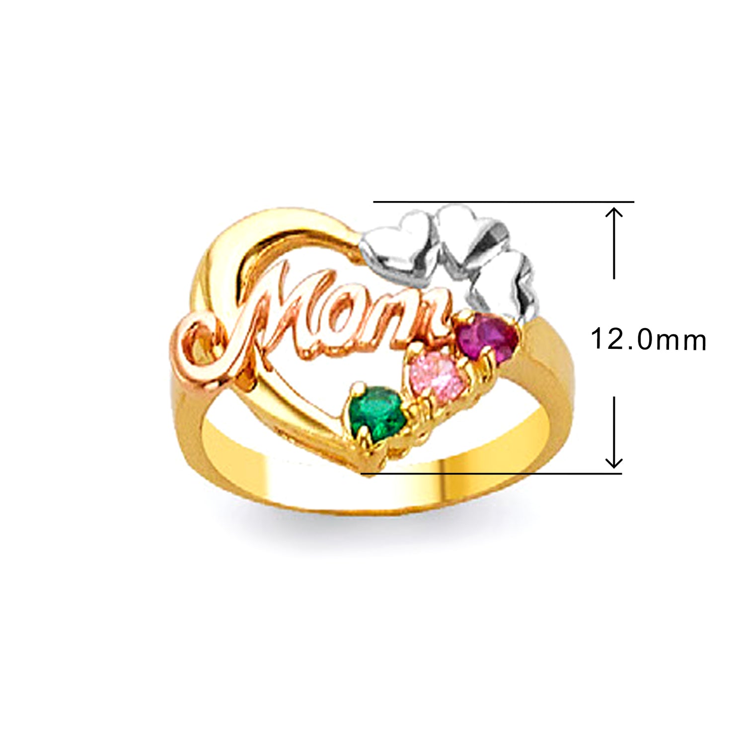 Designer Heart-shaped Multistones MOM Ring in Solid Gold with Measurement