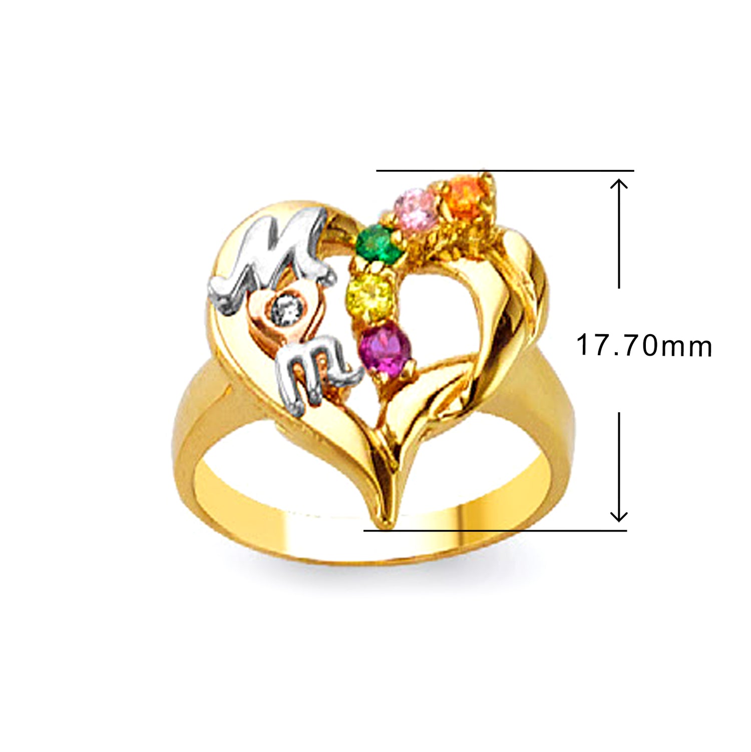 5 Birthstones Heart Shaped MOM Ring in Solid Gold with Measurement