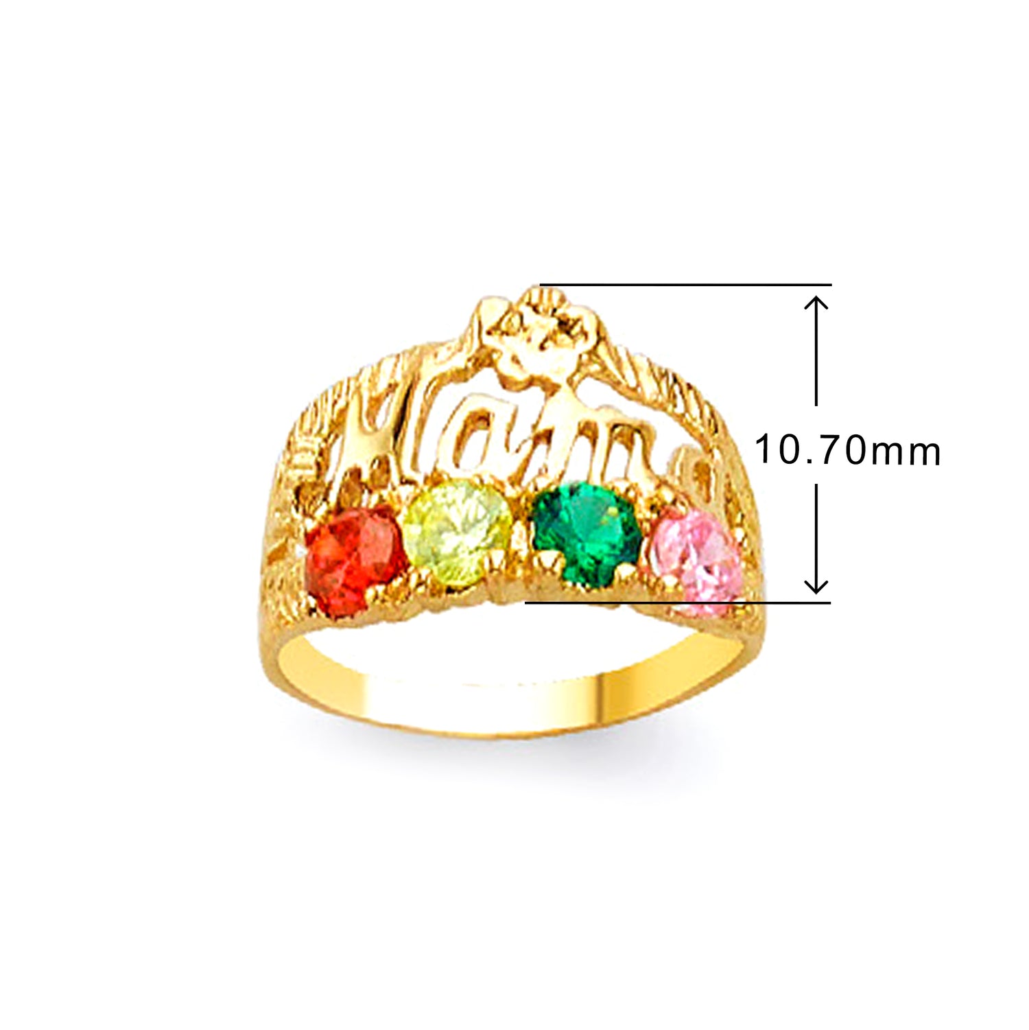 4 Birthstones Crown Mama Ring in Solid Gold with Measurement