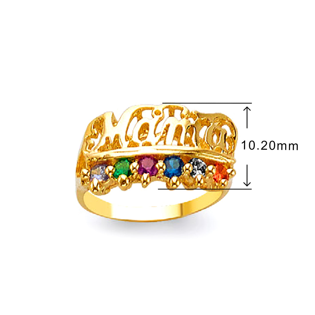 6 Birthstones Mama Ring in Solid Gold with Measurement