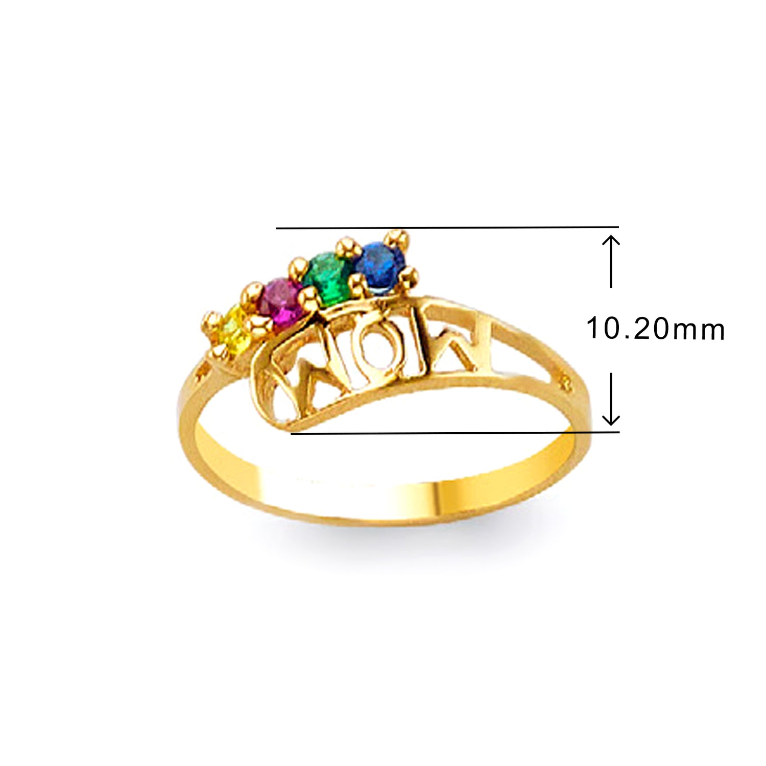 CZ Multicolored MOM Ring in Solid Gold with Measurement