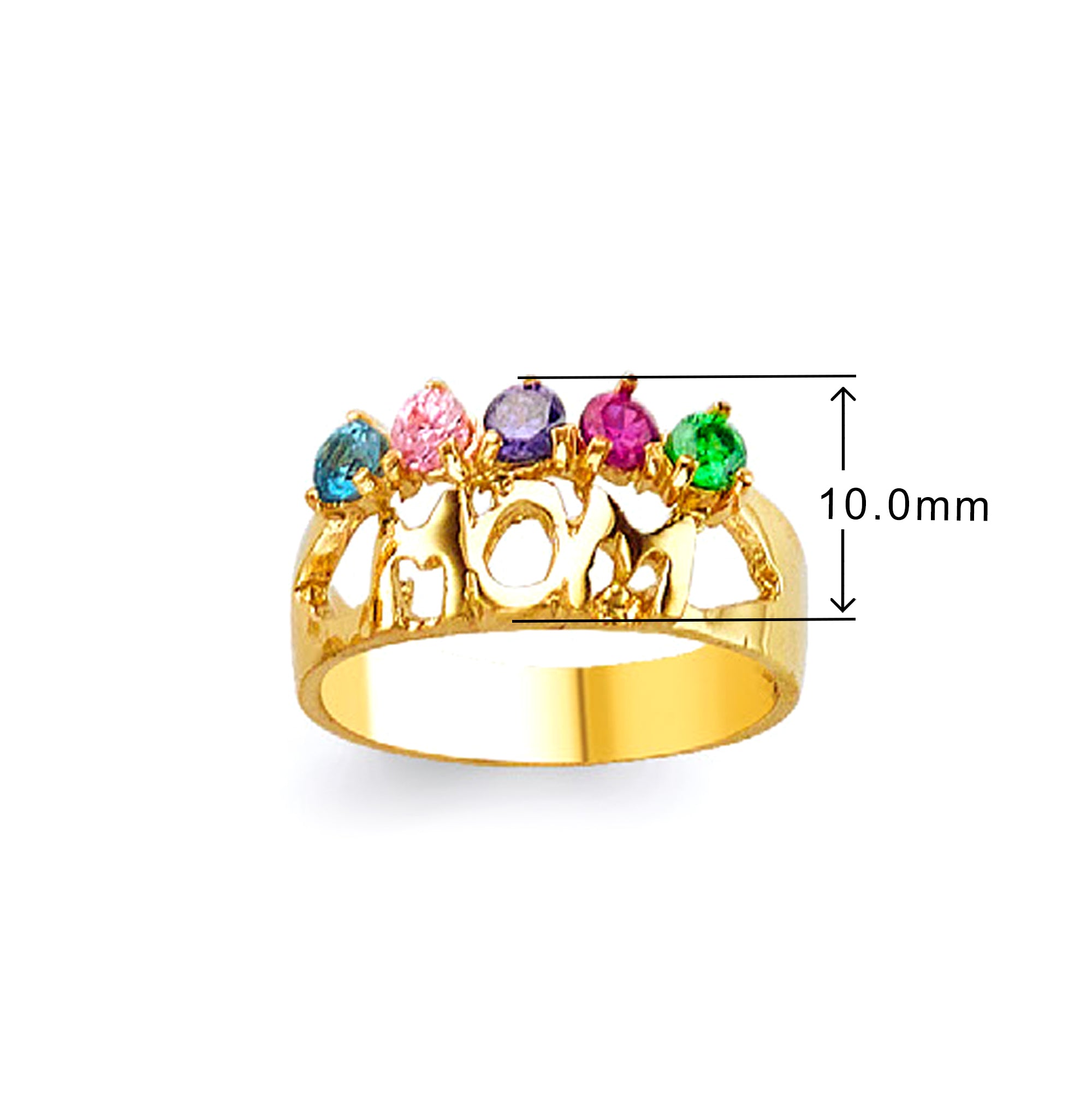 Multicolor Birthstones MOM Ring in Solid Gold with Measurement