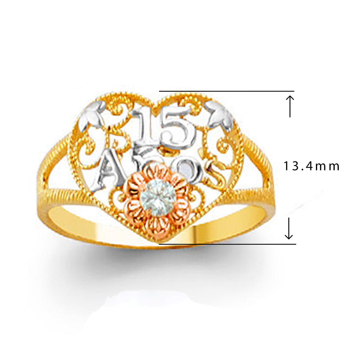 Multicolored Floral Filigree 15 Anos Ring in Solid Gold with Measurement