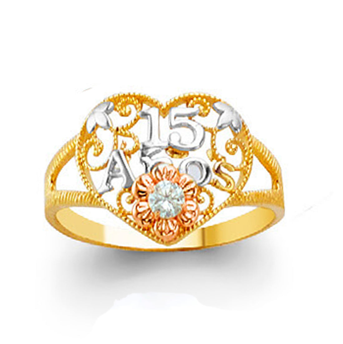 Multicolored Floral Filigree 15 Anos Ring in Solid Gold 