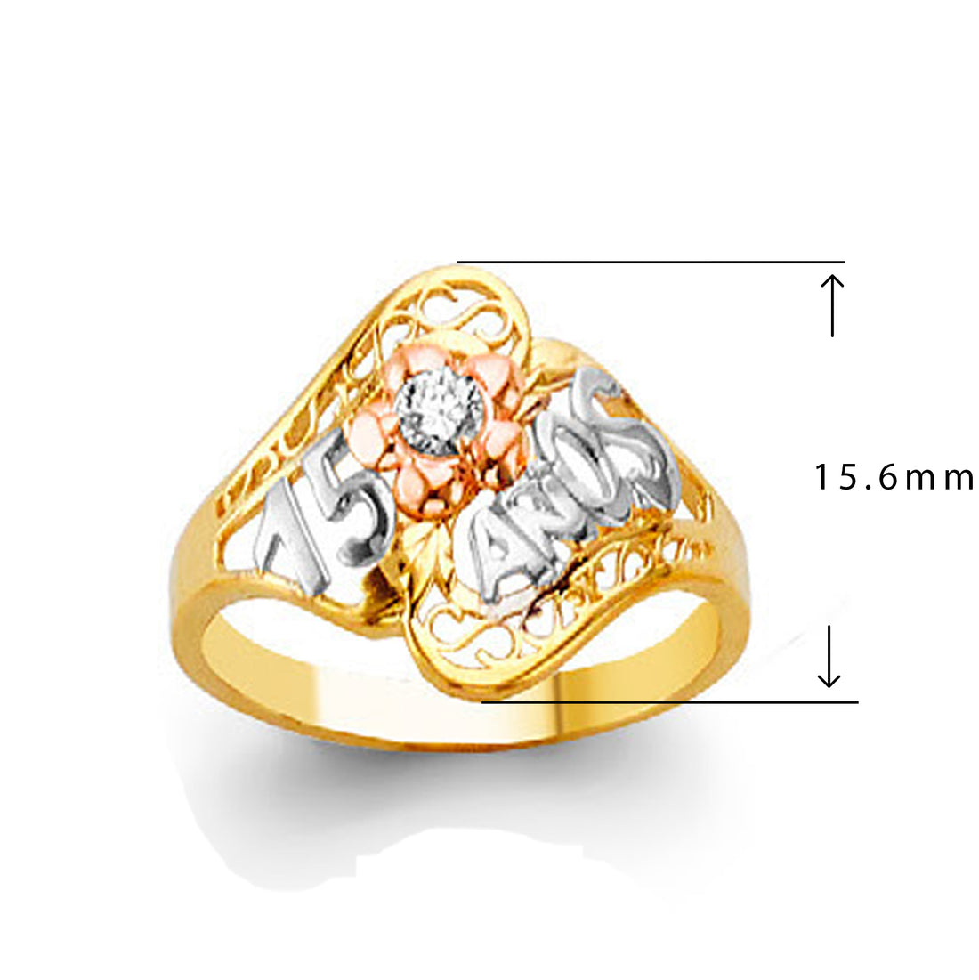 Twisted Shank Floral 15 Anos Ring in Solid Gold with Measurement