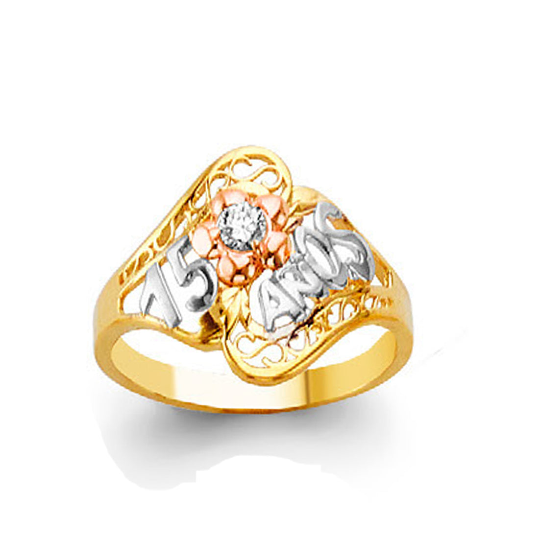 Twisted Shank Floral 15 Anos Ring in Solid Gold 