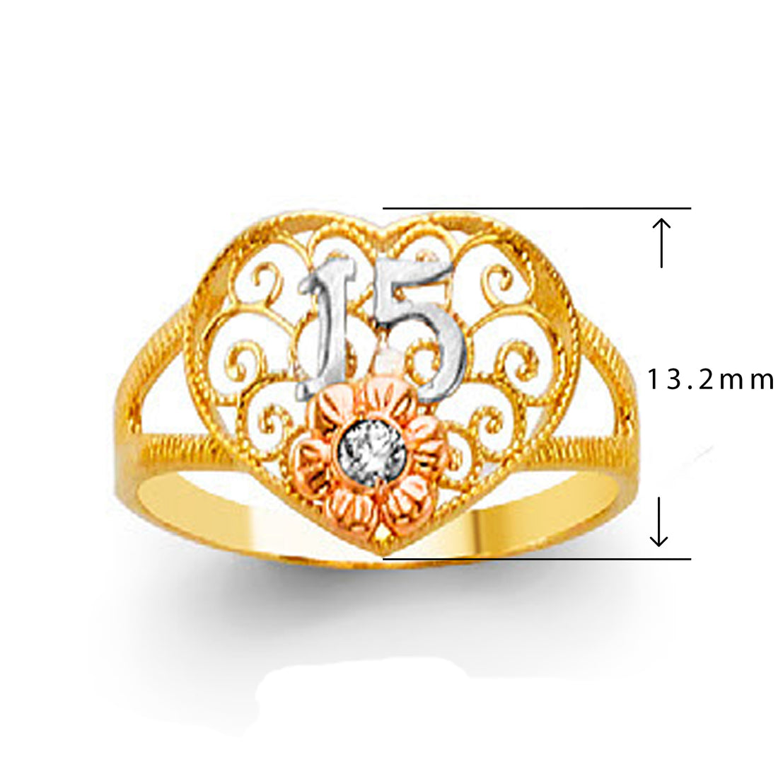 Fun Floral Patterned 15th Anniversary Ring in Solid Gold with Measurement