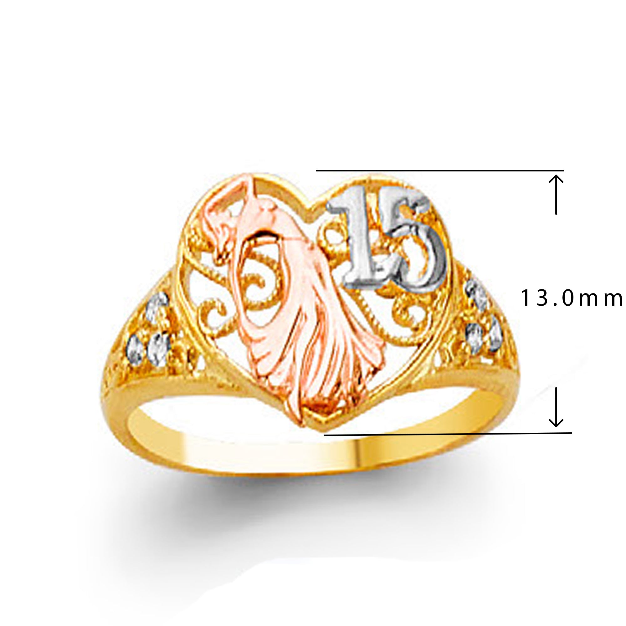 Heart Filigree 15 Anos Ring in Solid Gold with Measurement