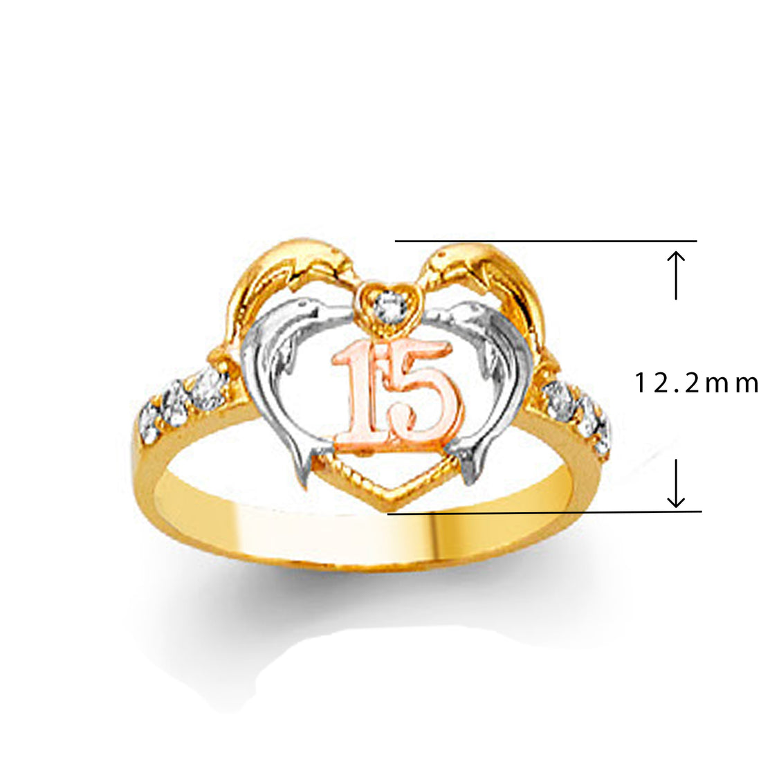 CZ Quince Dolphin and Heart Ring in Solid Gold with Measurement