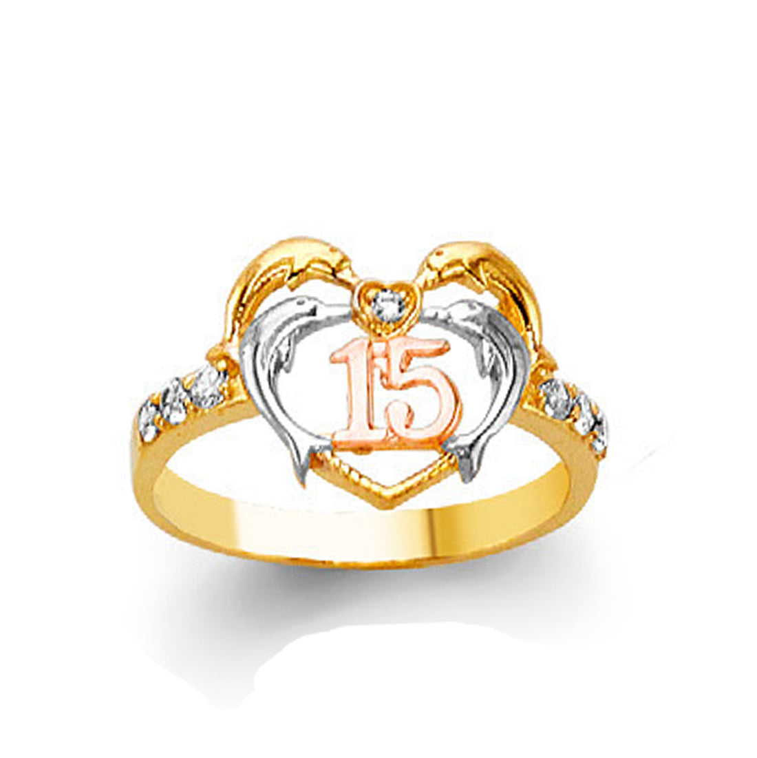 CZ Quince Dolphin and Heart Ring in Solid Gold 