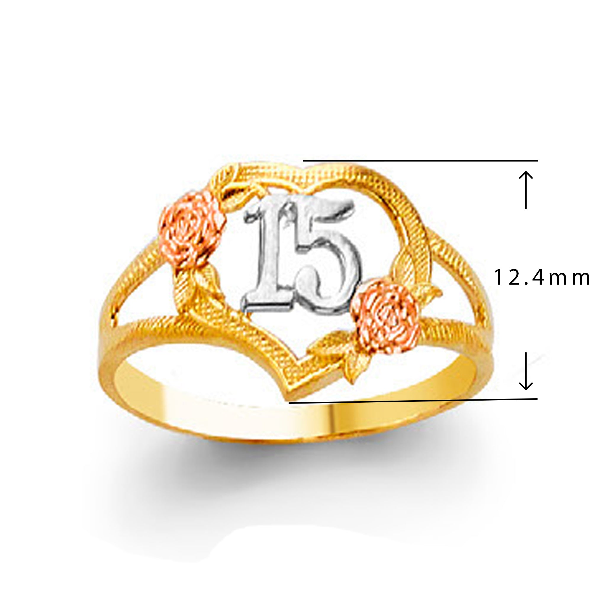 15 Anos Ring with Heart and Rose in Solid Gold with Measurement