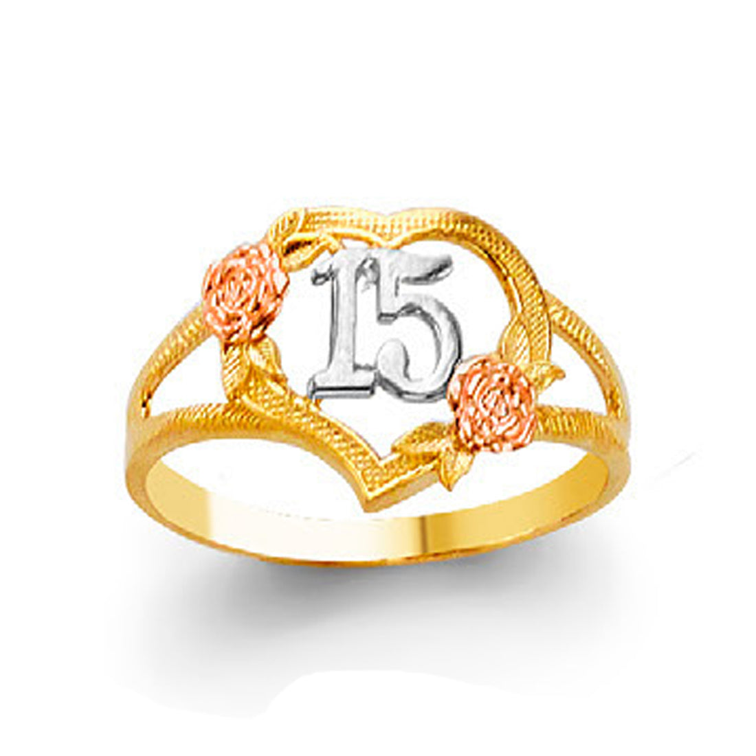 15 Anos Ring with Heart and Rose in Solid Gold 