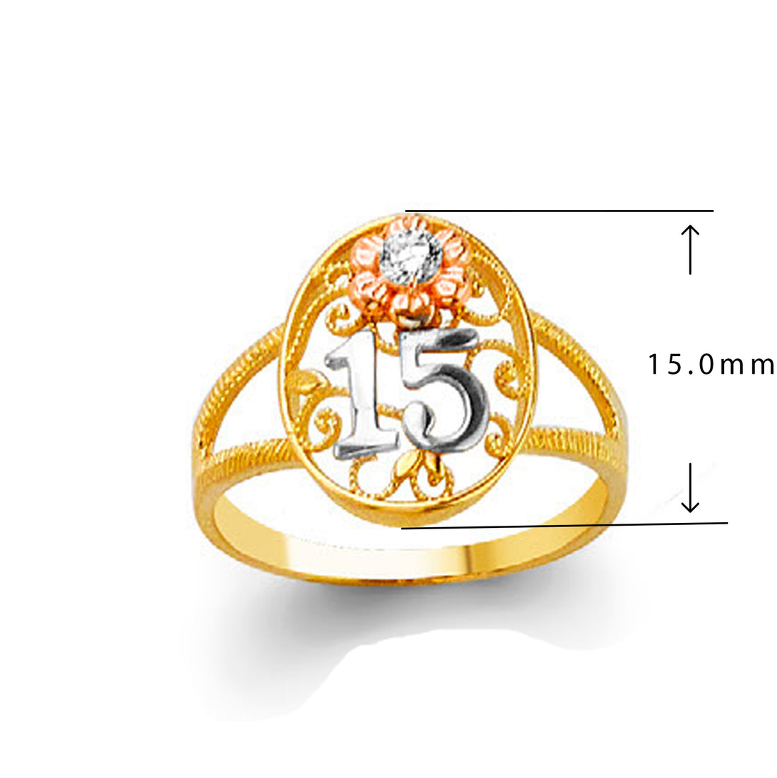 CZ Oval Quince Filigree 15 Anos Solitaire Ring in Solid Gold with Measurement