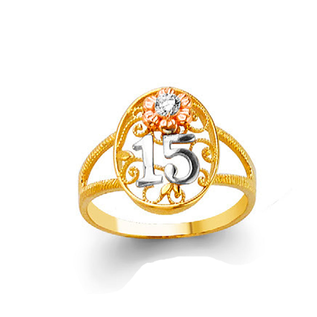 CZ Oval Quince Filigree 15 Anos Solitaire Ring in Solid Gold 