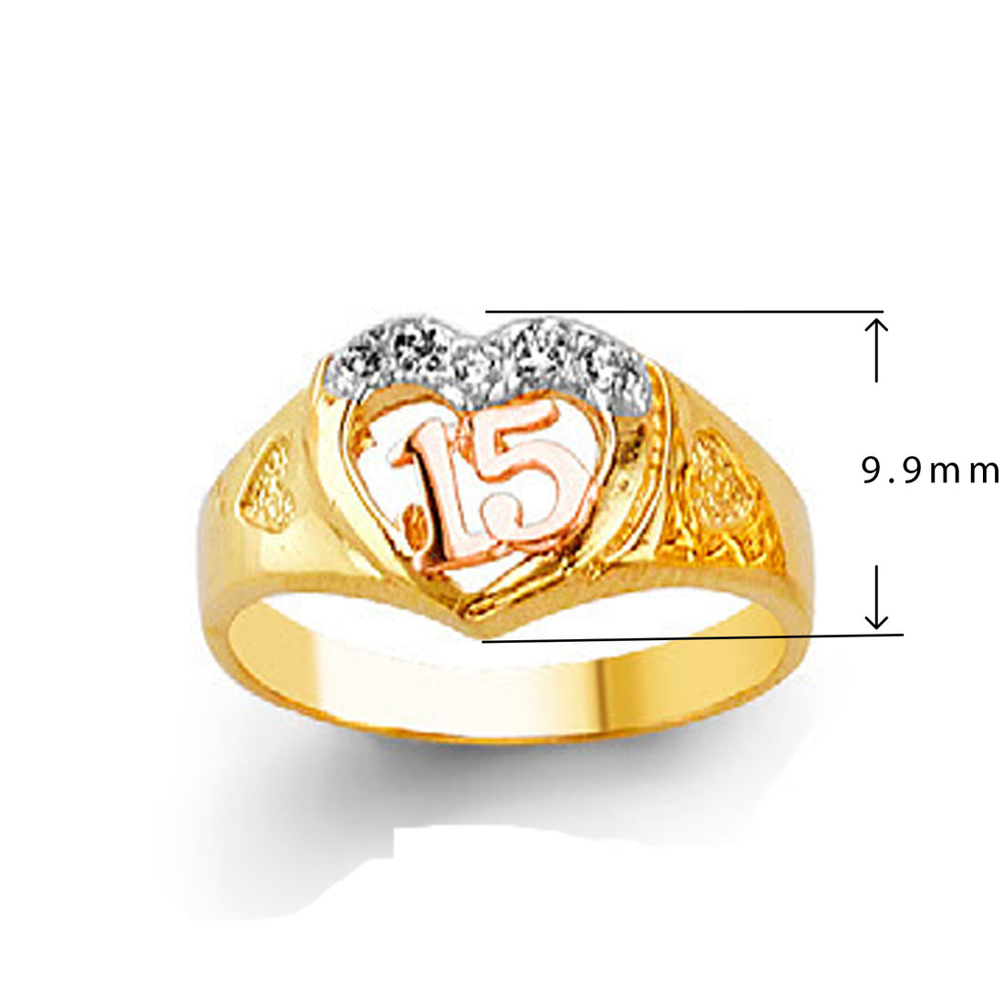 CZ Stylish Two tone 15 Anos Heart Ring in Solid Gold with Measurement