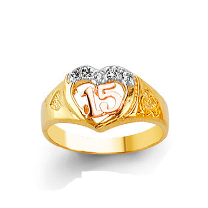 CZ Stylish Two tone 15 Anos Heart Ring in Solid Gold 