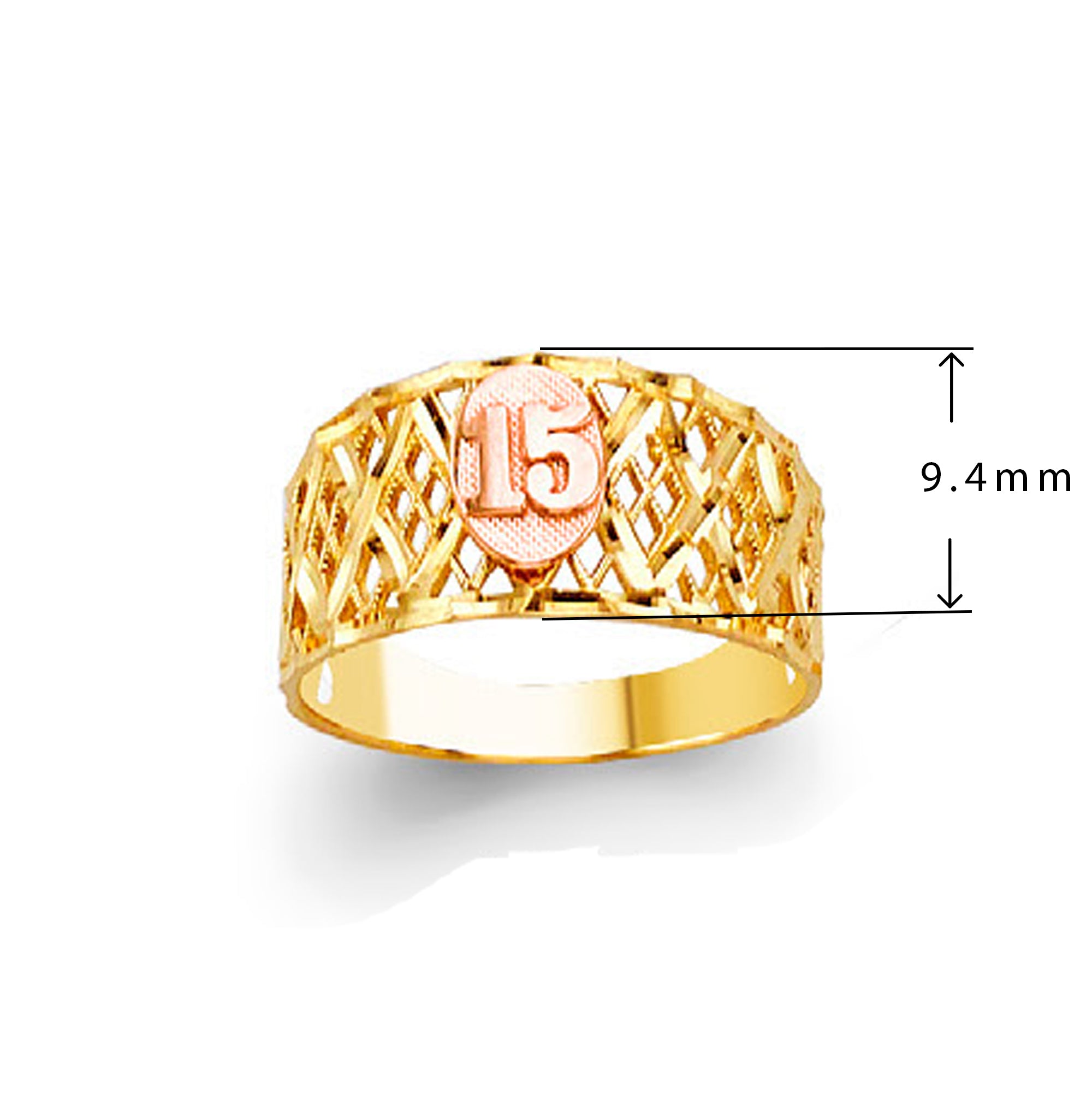 Lustrous Lattice 15 Anos Ring in Solid Gold with Measurement
