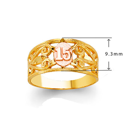 Antique Filigree-styled 15 Years Anniversary Ring in Solid Gold with Measurement