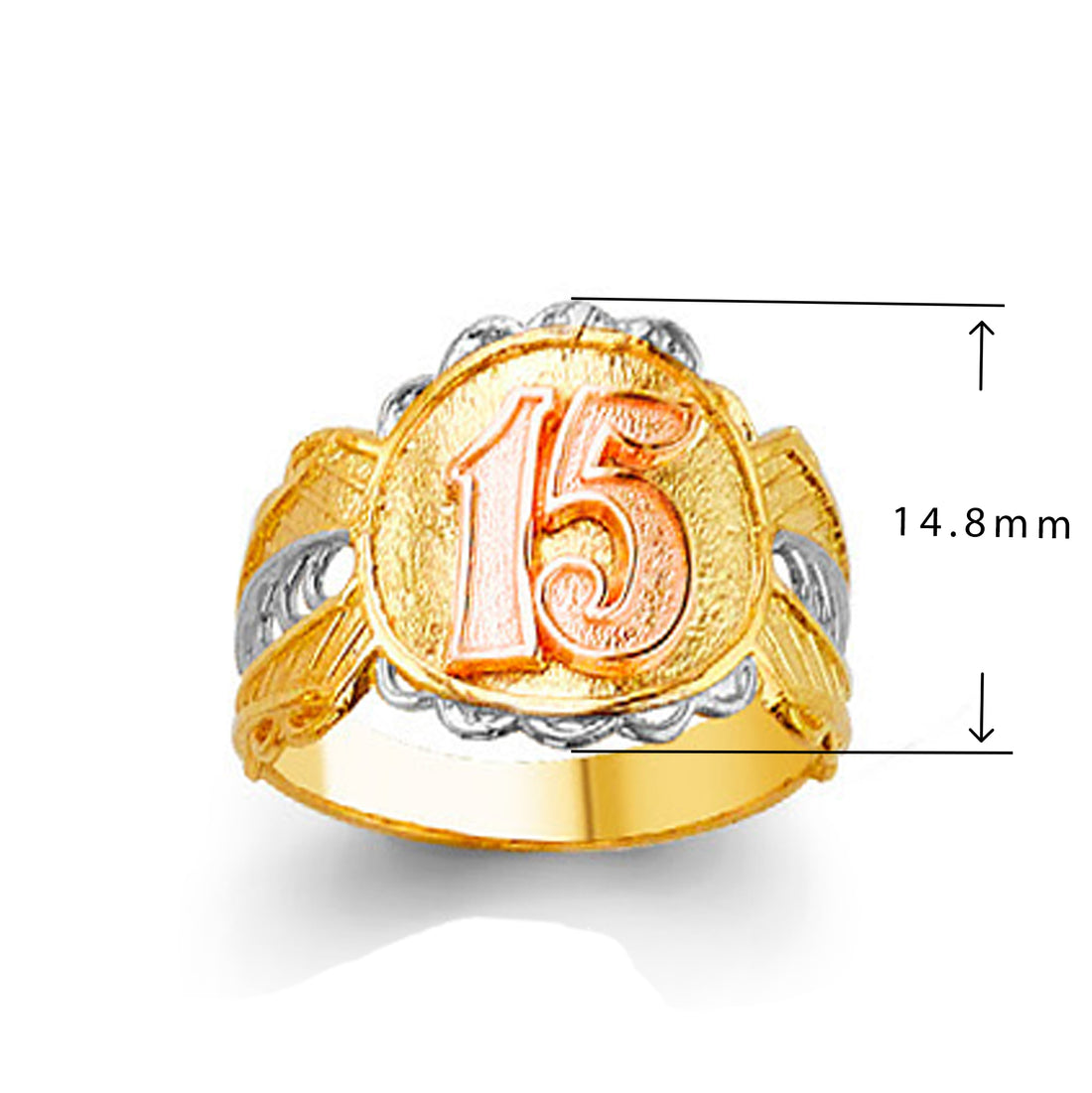 Tri Color Fancy 15 Ring in Solid Gold with Measurement