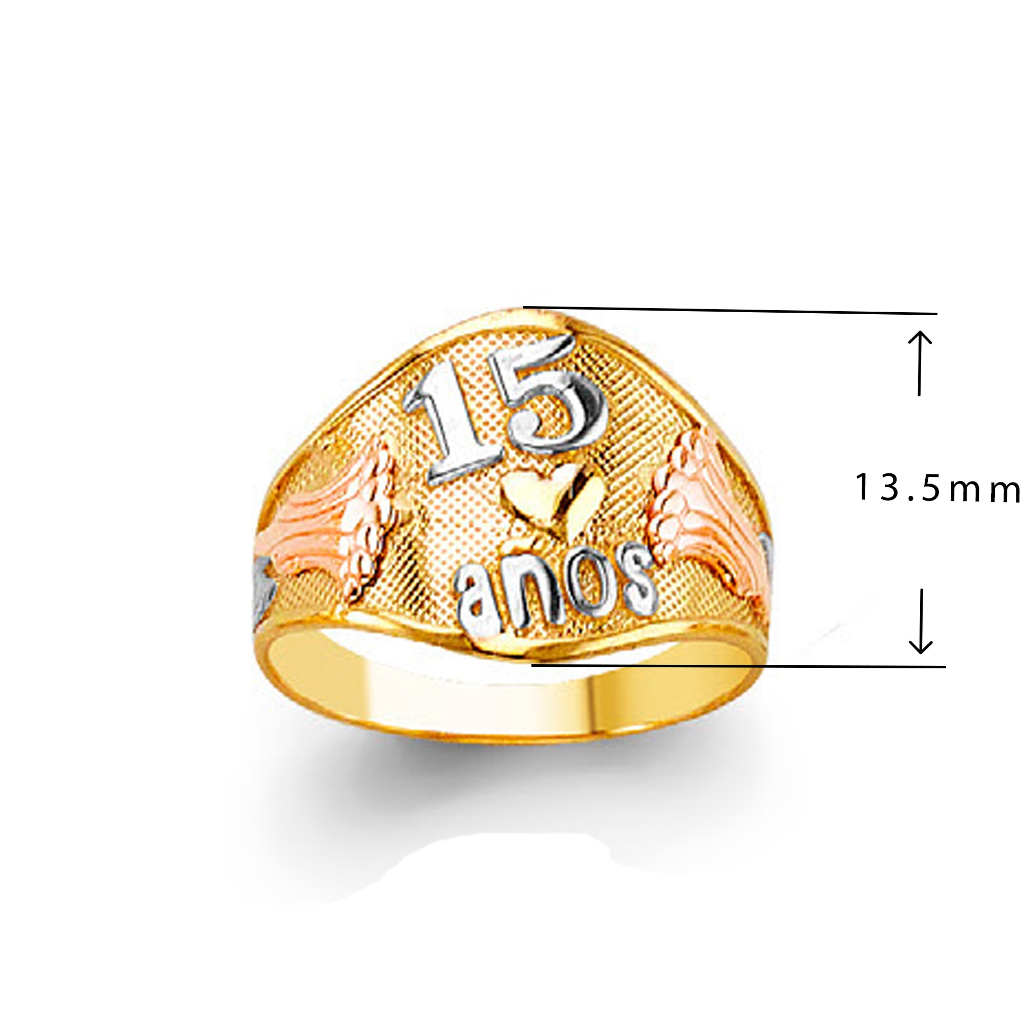 Triple-hued 15 Years Anniversary Ring in Solid Gold with Measurement