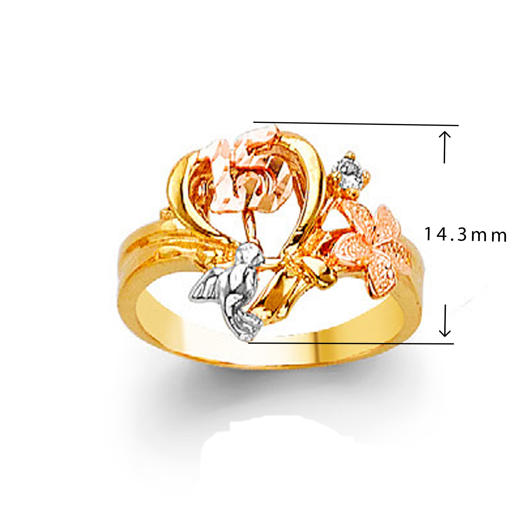 CZ Flower-patterned Heart Ring in Solid Gold with Measurement
