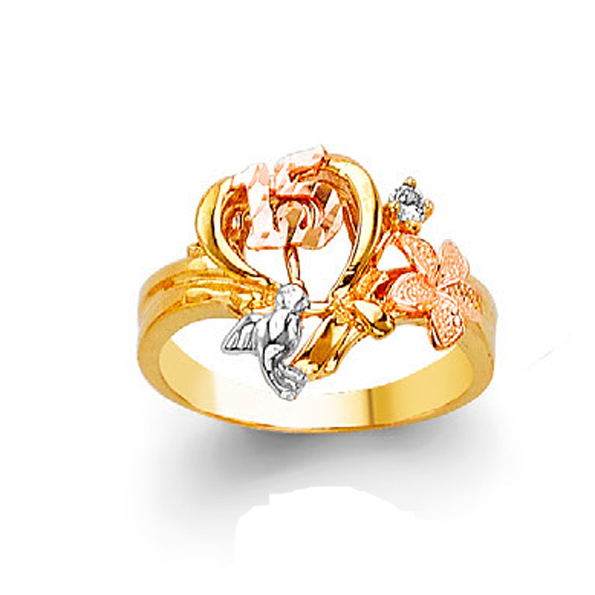 CZ Flower-patterned Heart Ring in Solid Gold 