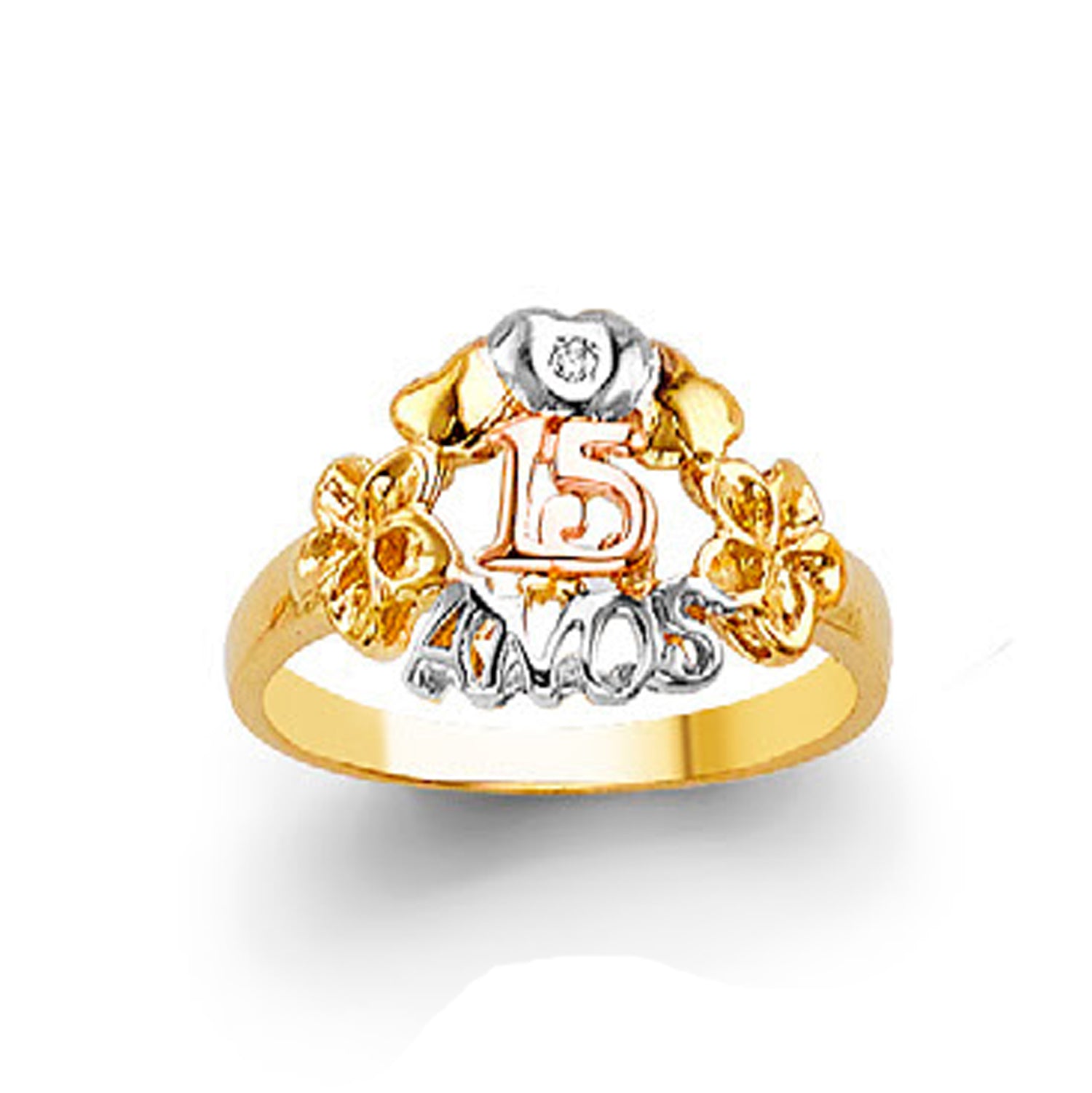 CZ Personalized Tri-tone Patterned Ring in Solid Gold 