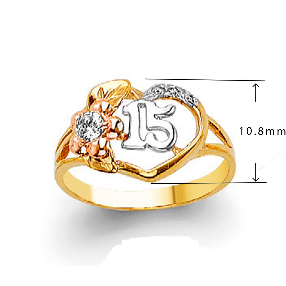 CZ Numeric Tri-tone Heart Ring in Solid Gold with Measurement