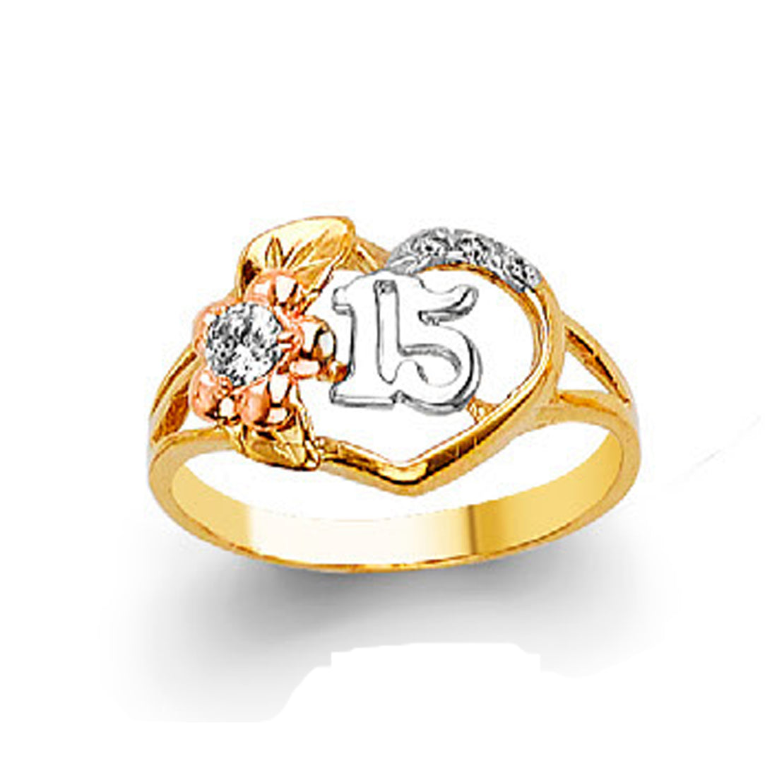 CZ Numeric Tri-tone Heart Ring in Solid Gold 