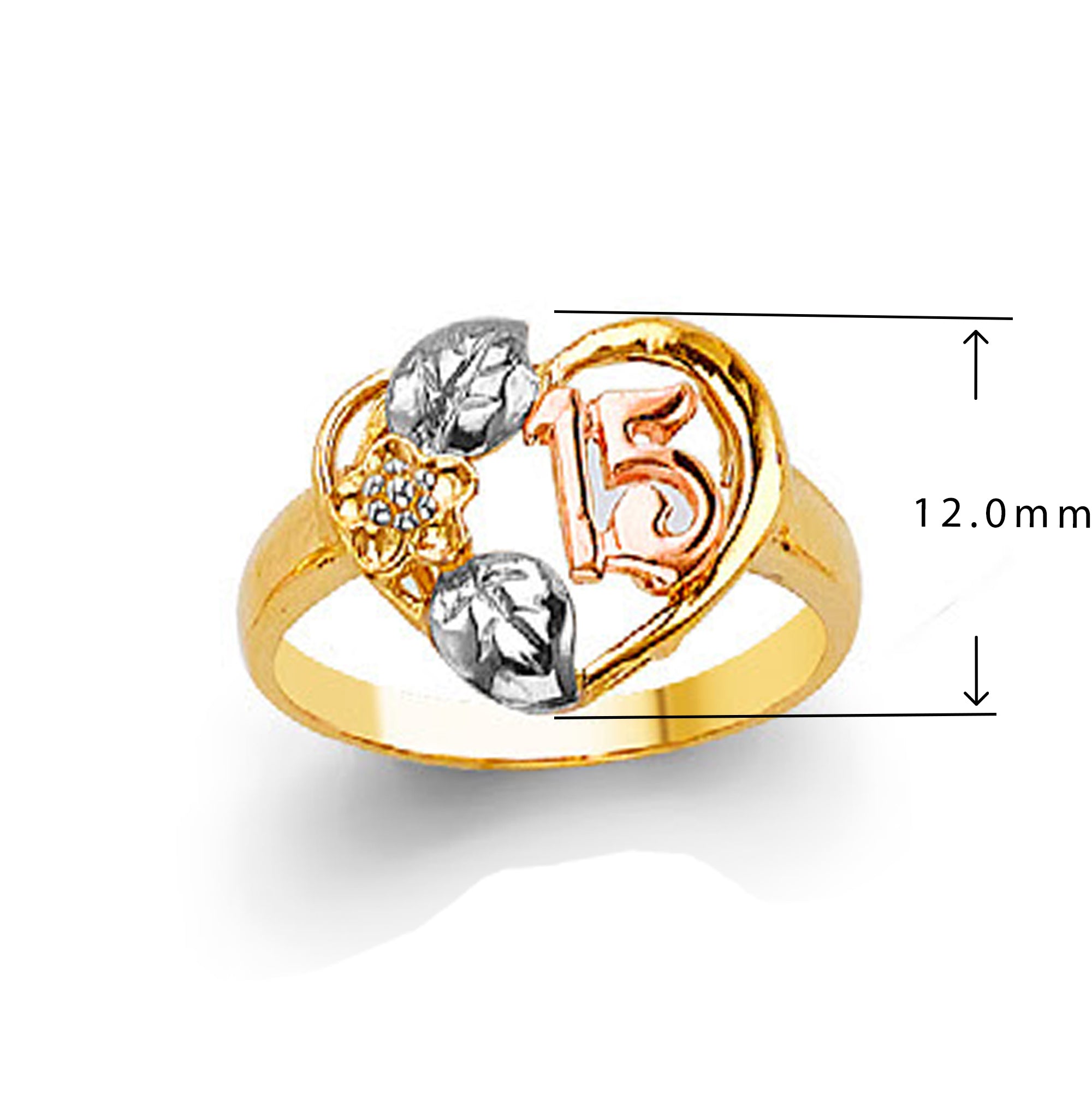 Tricolor Numeric Flower Ring in Solid Gold with Measurement