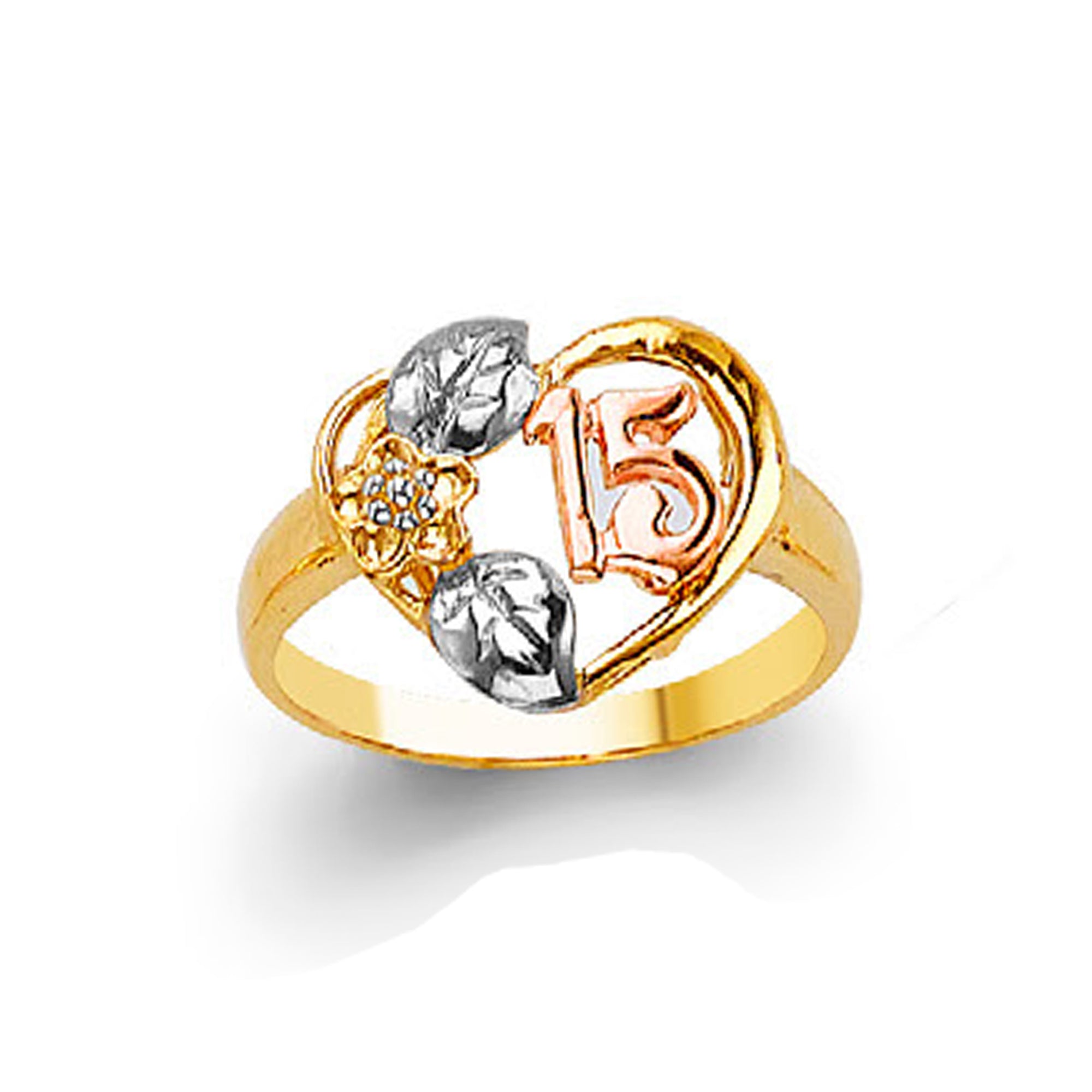 Tricolor Numeric Flower Ring in Solid Gold 