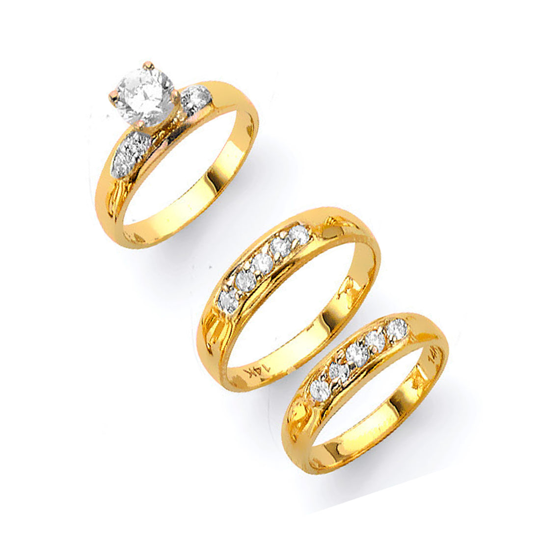 CZ Solitaire Engagement Ring and Wedding Band Set in Solid Gold 