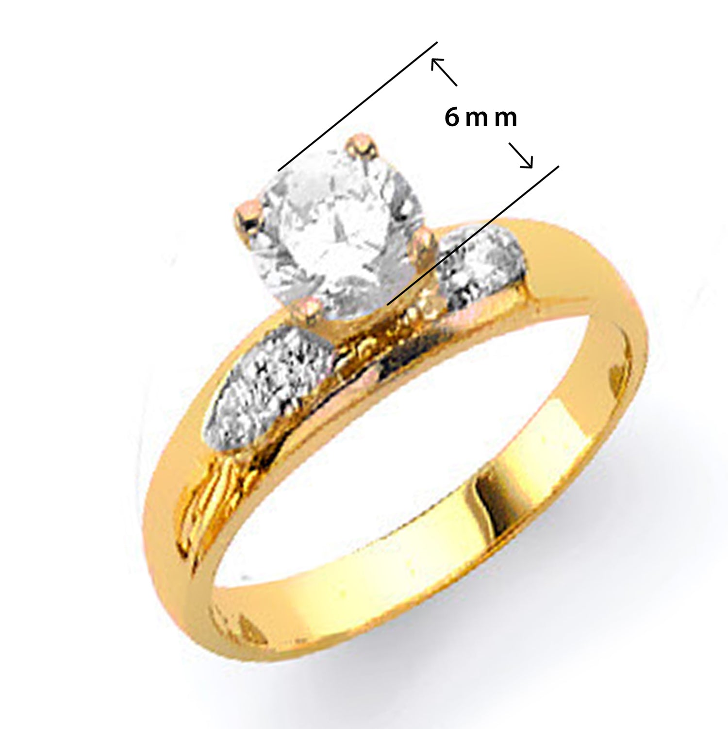 CZ Solitaire Engagement Ring and Wedding Band Set in Solid Gold with Measurement