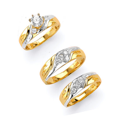 CZ Two-toned Shimmering Stars Engagement and Wedding Ring Set in Solid Gold 