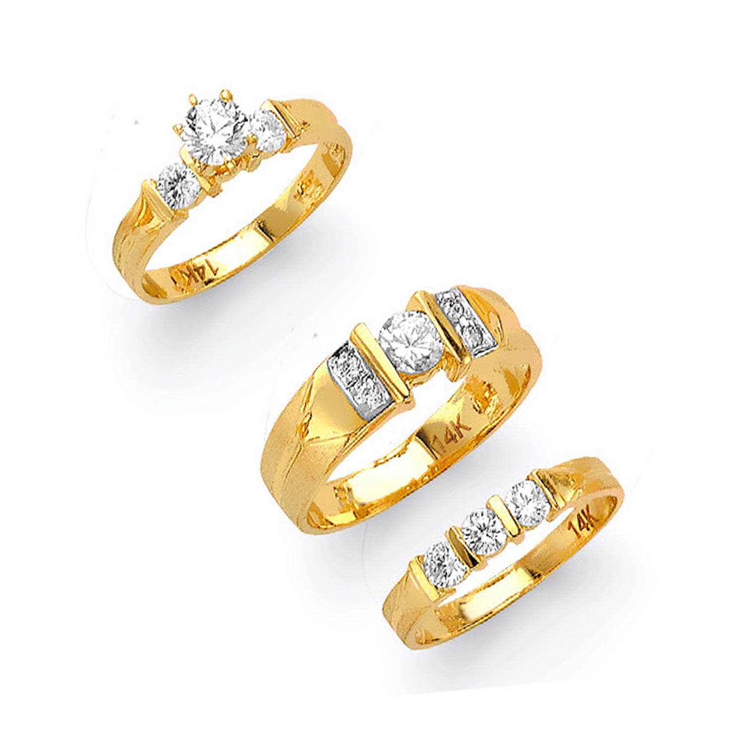 CZ Wedding Ring Trio Set in Solid Gold