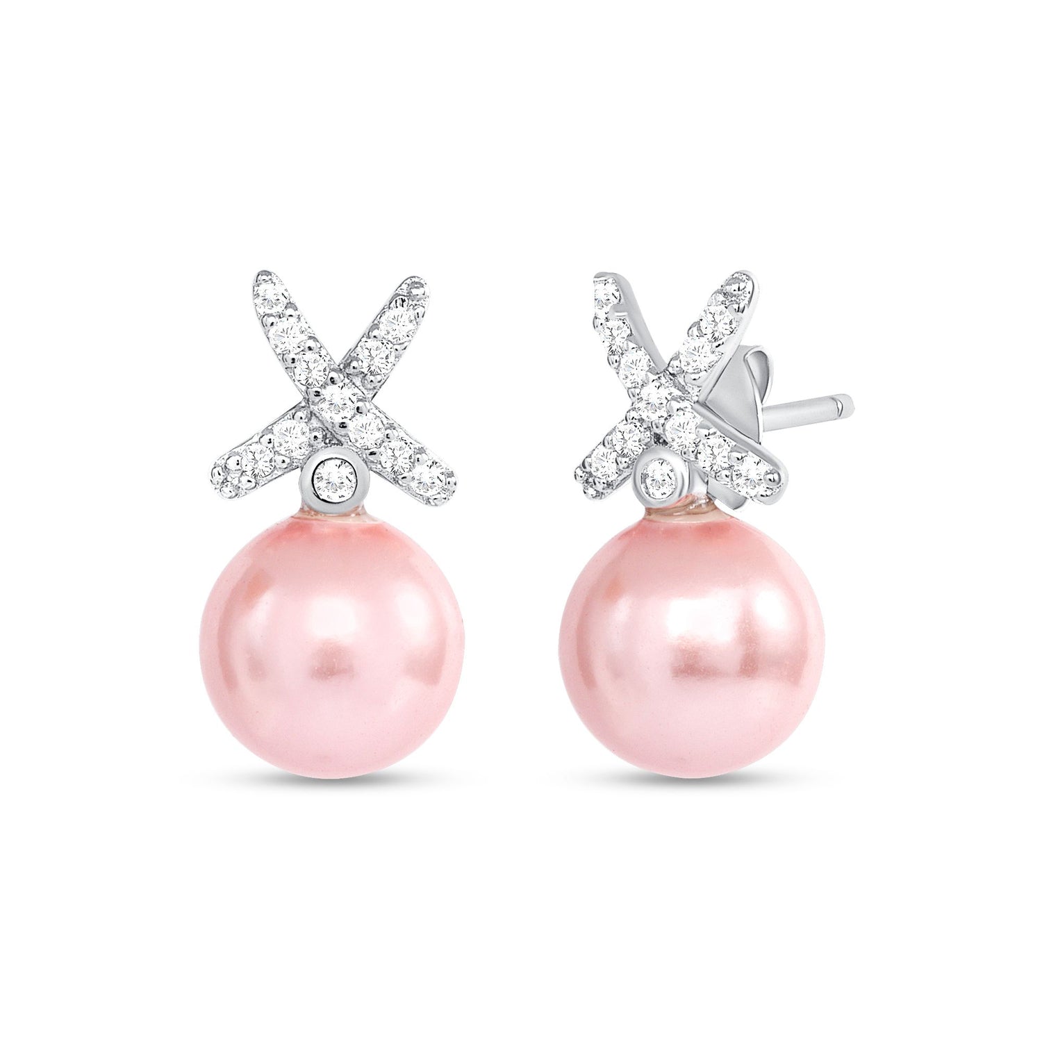 925 Sterling Silver Pink Pearl with Round Cut CZ Accents XO Pendant &amp; Stud Earrings Jewelry Set
