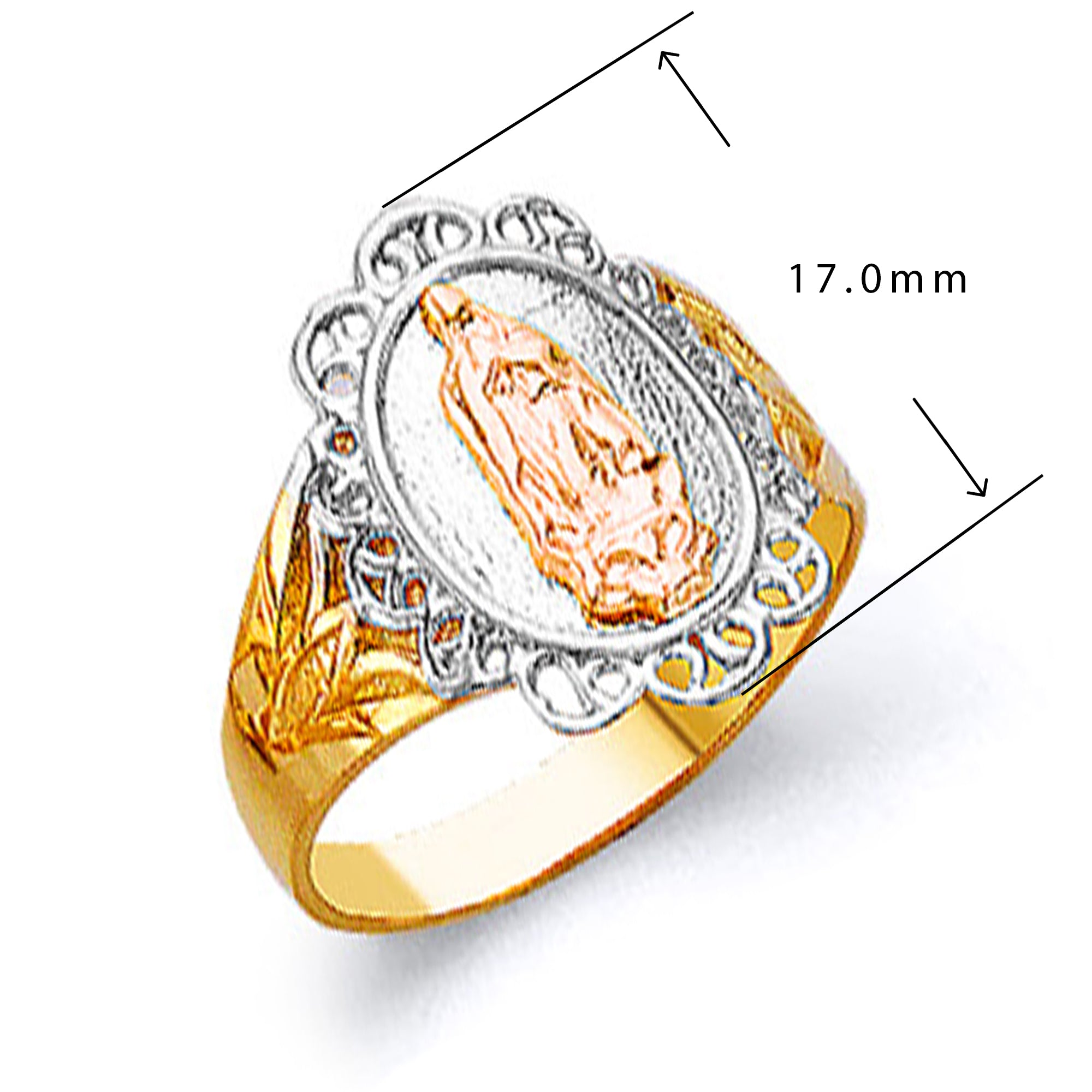 Tri-tone Virgin Mary Textured Shank Ring in Solid Gold with Measurement