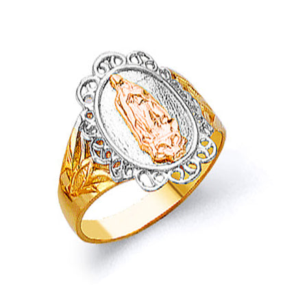 Tri-tone Virgin Mary Textured Shank Ring in Solid Gold 