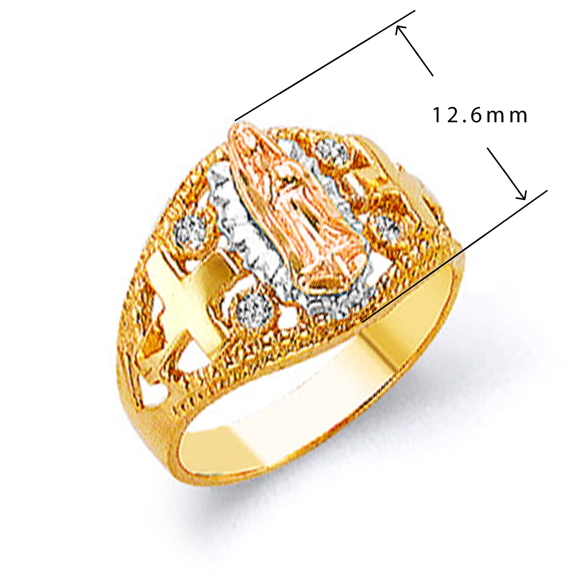 Tri-tone Textured Shank Religious Ring in Solid Gold with Measurement