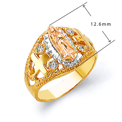 Tri-tone Textured Shank Religious Ring in Solid Gold with Measurement