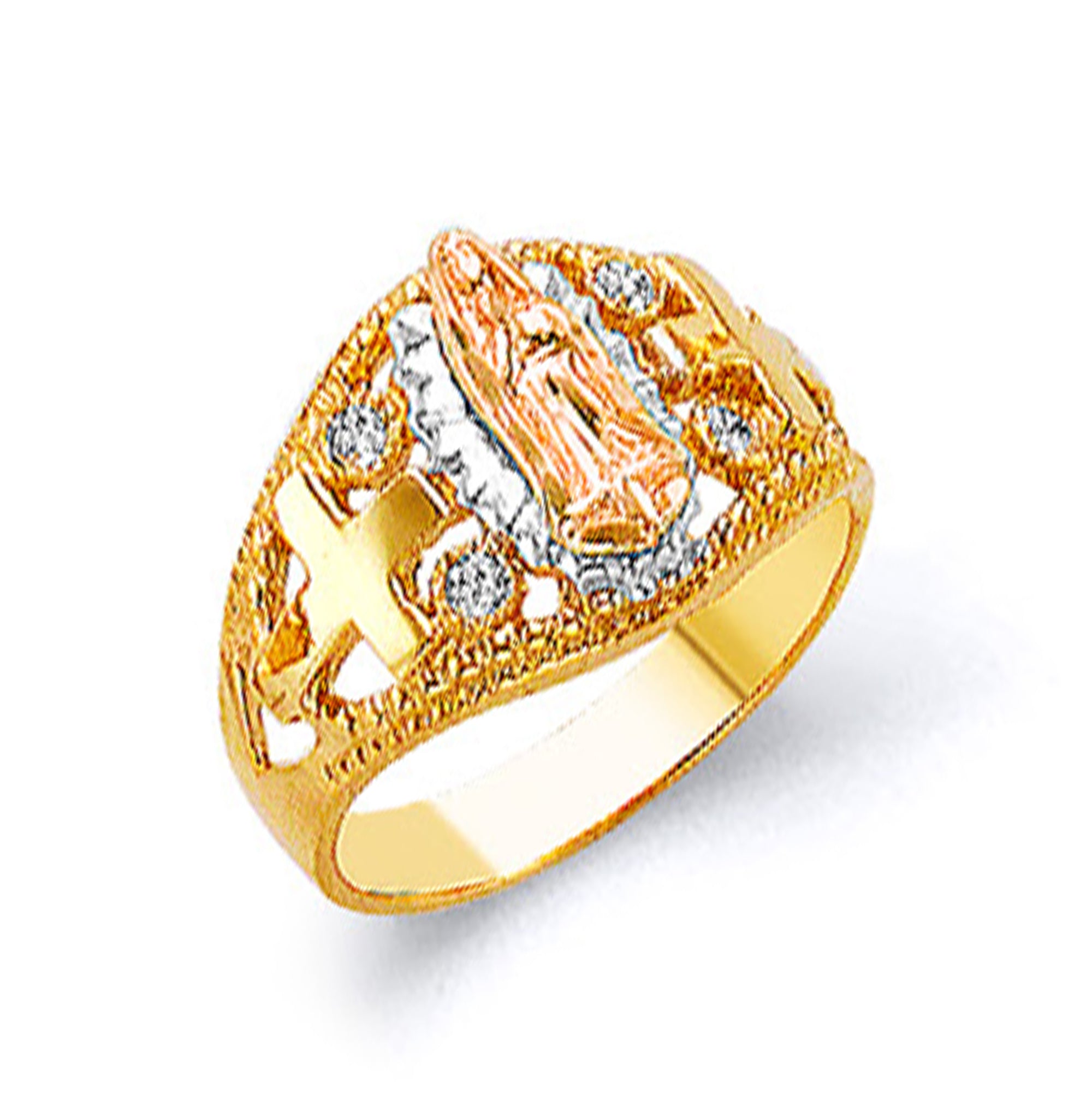 Tri-tone Textured Shank Religious Ring in Solid Gold 