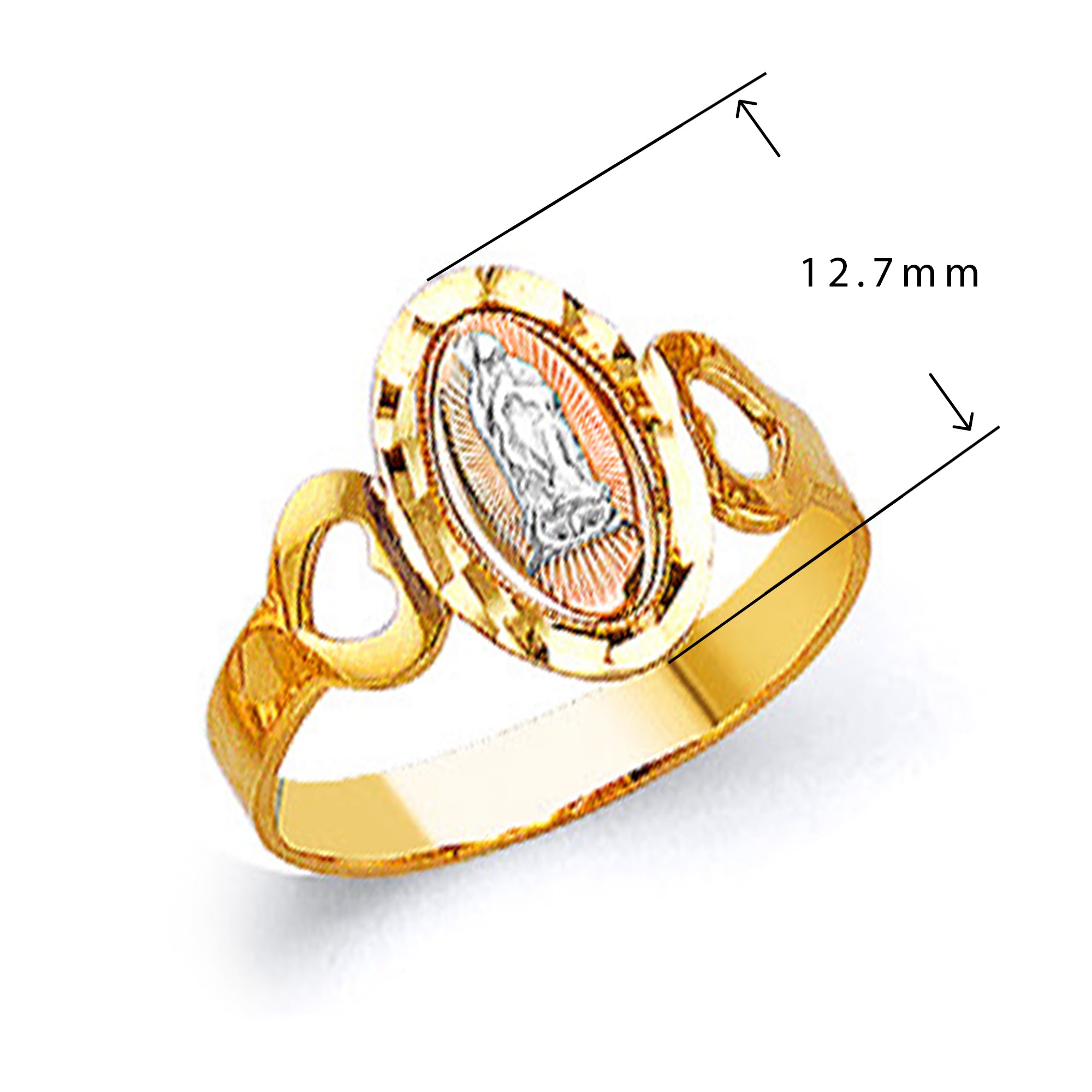 Three tone Heart Shank Religious Ring in Solid Gold with Measurement