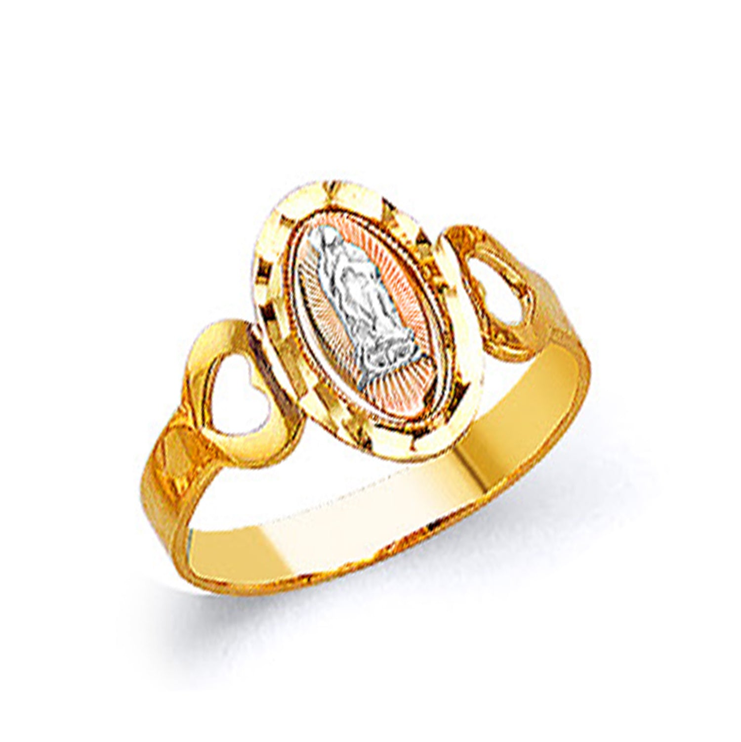 Three tone Heart Shank Religious Ring in Solid Gold 