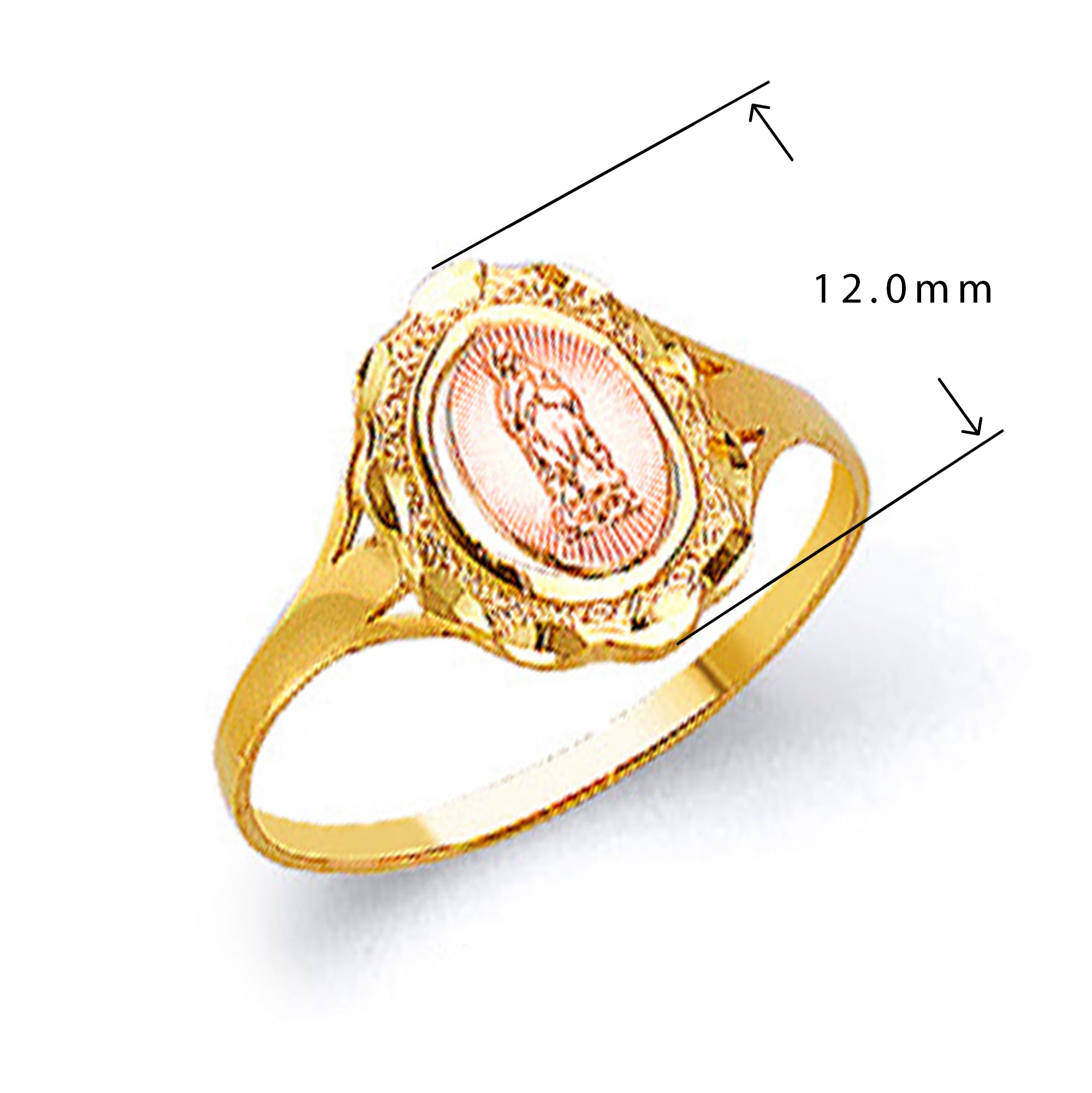 Three tone Virgin Mary Ring in Solid Gold with Measurement